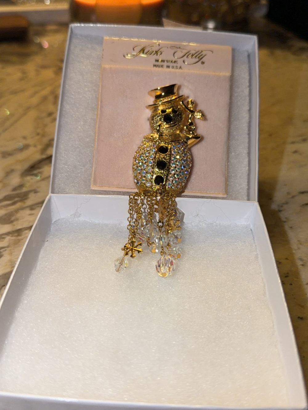 Kirk’s Folly Snowman AB Crystals Rhinestones Dangle Brooch snowflake charms